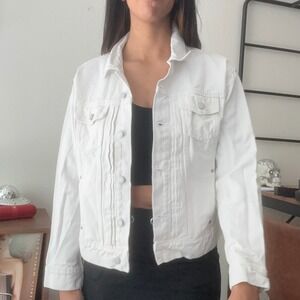 Old Navy‎ White Denim Jacket Womens Size L Button Front Long Sleeve Jean Coat